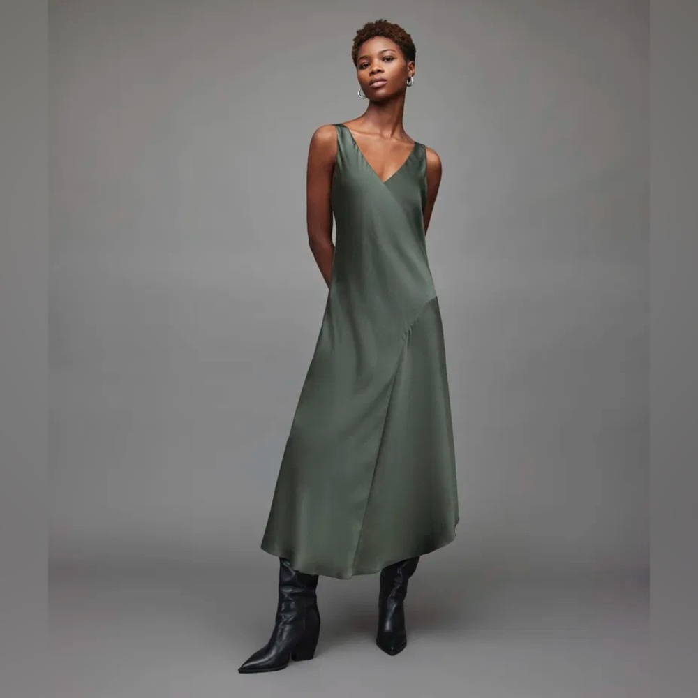 ALL SAINTS satin V neck green slip sleeveless maxi dress xs Euc